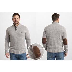 Chaps Mens Cotton Knit Sweater Elbow Patch Stand Collar Heritage Grandpa M